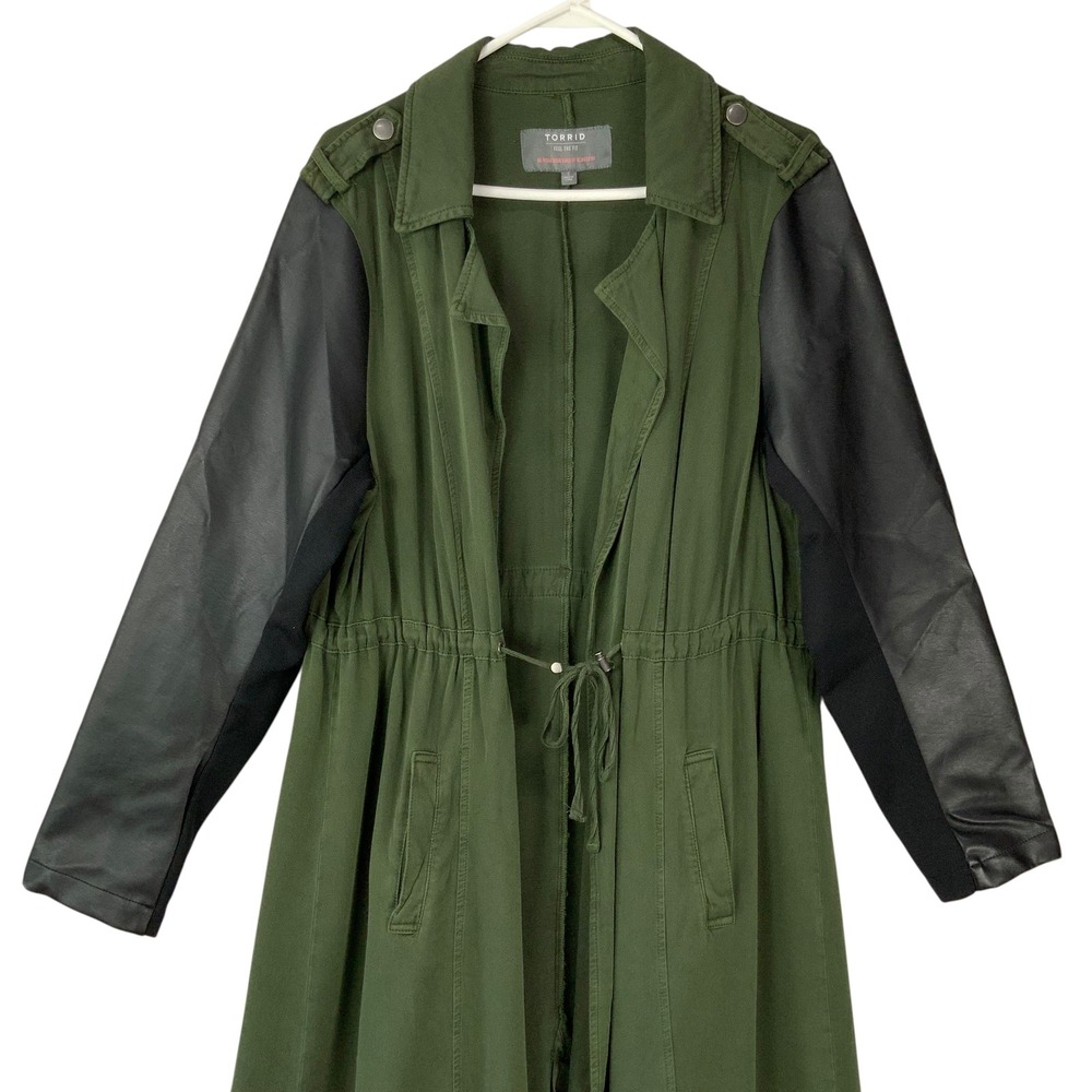 Torrid Olive Green Utility Trench Coat 1X Open Front Notched Long Leather Sleeve - Picture 2 of 6
